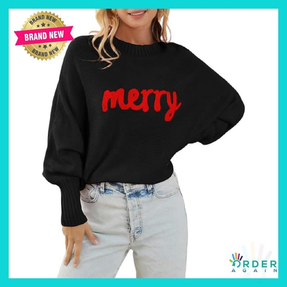 Merry Christmas Graphic Pullover Batwing Sleeve Loose Fit Winter Sweater